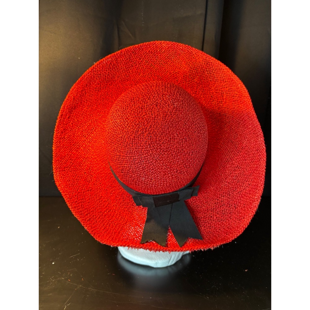 Liz Claibor Red Straw Sun Hat Wide Brim Black Grosgrain Ribbon Bow Vintage Style